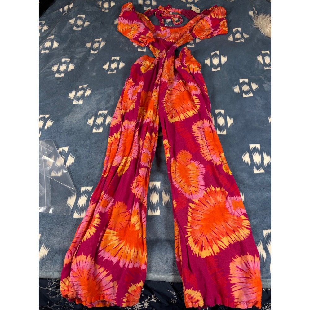 Farm Rio Anthropologie Magenta Orange Tropical Floral Cutout Wide Leg Jumpsuit S